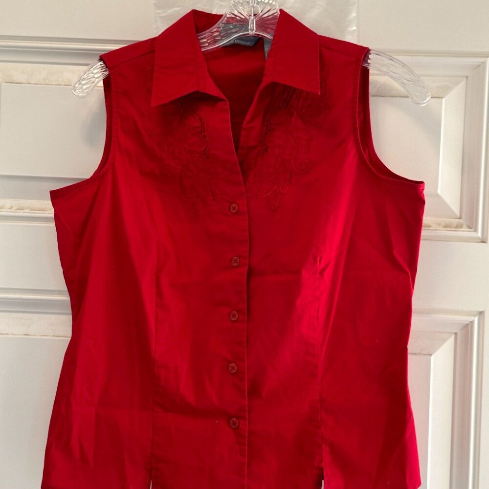 Hillard & Hanson Womens Stretch Red Sleeveless Button-Up Shirt - Size M